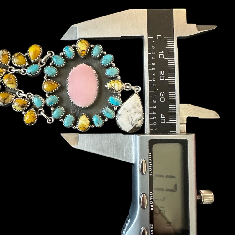 Honey Dahlia Turquoise, Kingman Turquoise & Conch Solid Sterling Silver Necklace - Picture 14 of 15